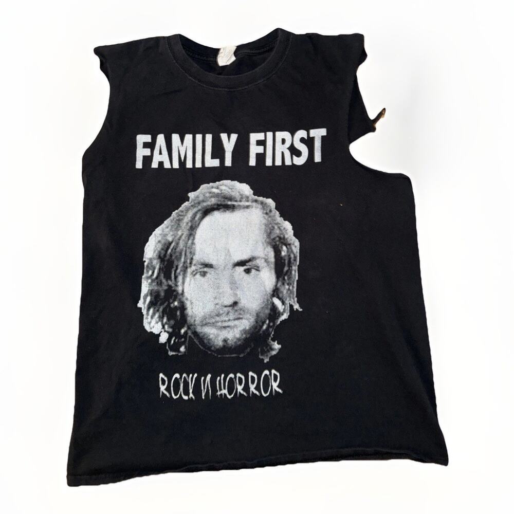Vintage Charles Manson Cut Off T-Shirt Black Rock N Horror 19x24 90s Y2K